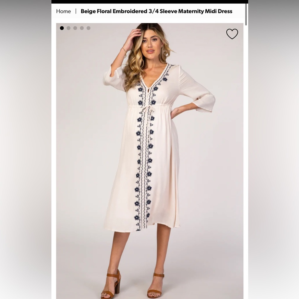 Beige Floral Embroidered 3/4 Sleeve Maternity Midi Dress